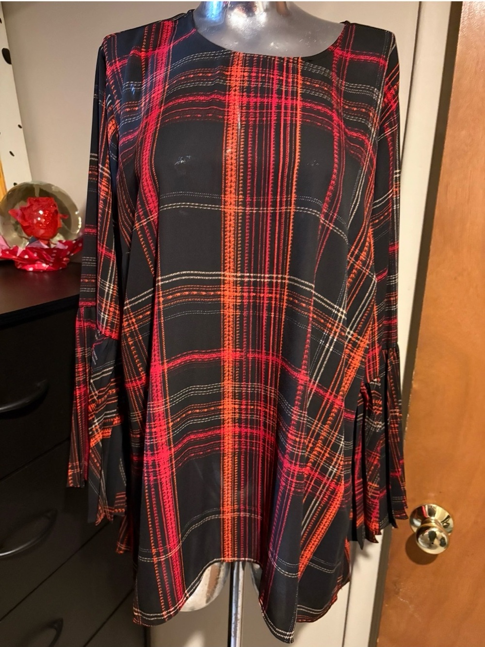 Vince Camuto Black Tunic Top with Red & Orange Plaid